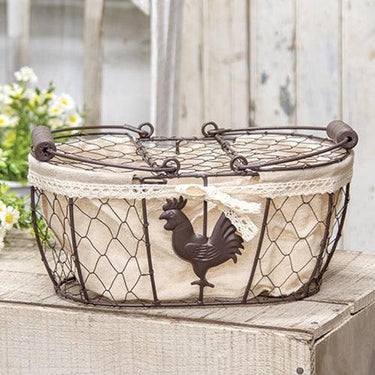 Fabric Lined Chicken Wire Rooster Picnic Basket - The Fox Decor